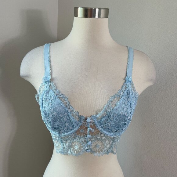 NEW For Love & Lemons Medium Longline Lace Bra Blue Daisy Bustier Underwire - Picture 3 of 13